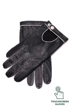 Black & Cream Leather Touchscreen Driving Gloves
