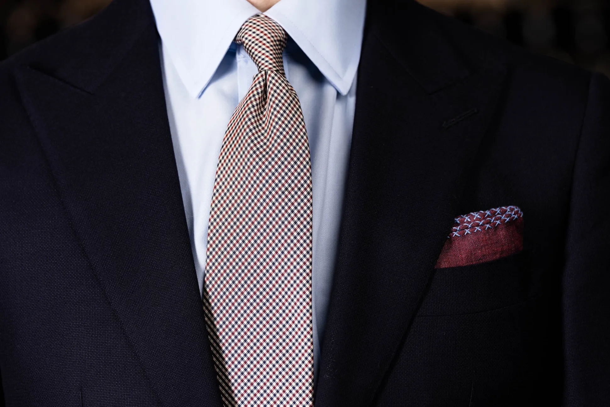 Blue X-Stitch Edge Dark Burgundy Linen Pocket Square