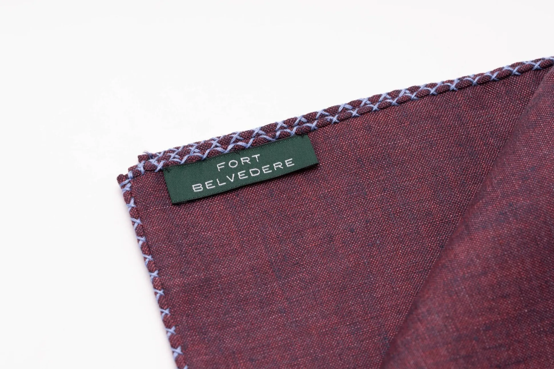 Blue X-Stitch Edge Dark Burgundy Linen Pocket Square
