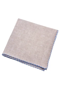 Blue X-Stitch Edge Light Brown Linen Pocket Square