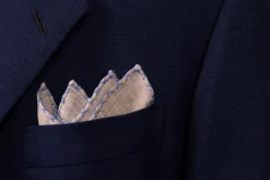Blue X-Stitch Edge Light Brown Linen Pocket Square