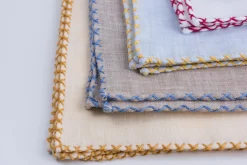 Blue X-Stitch Edge Light Brown Linen Pocket Square