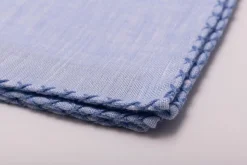 Blue X-Stitch Edge Linen Pocket Square