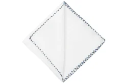 Brown & Bright Blue X-Stitch Edge White Linen Pocket Square