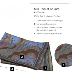 Brown & Green Large Paisley Silk Pocket Square