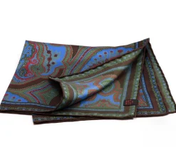Brown & Green Large Paisley Silk Pocket Square