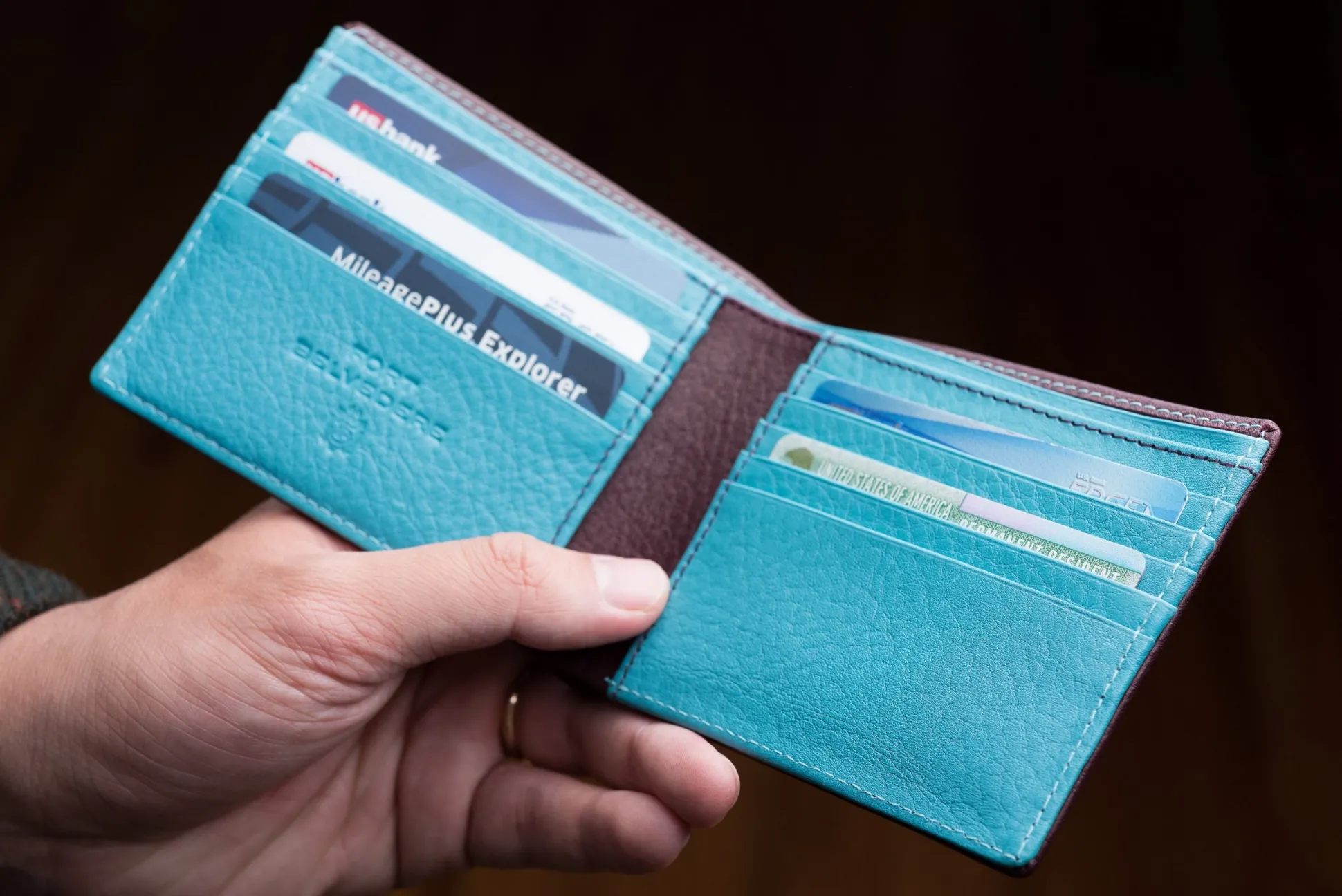 Burgundy & Turquoise 10 Card Deerskin Leather Wallet