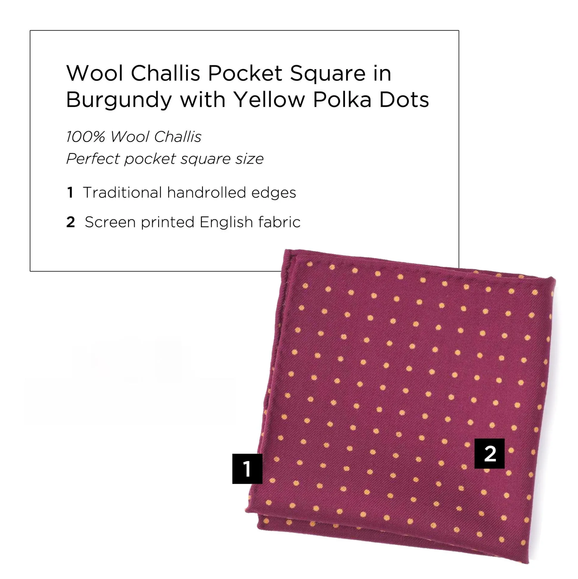 Burgundy & Yellow Polka Dot Wool Challis Pocket Square