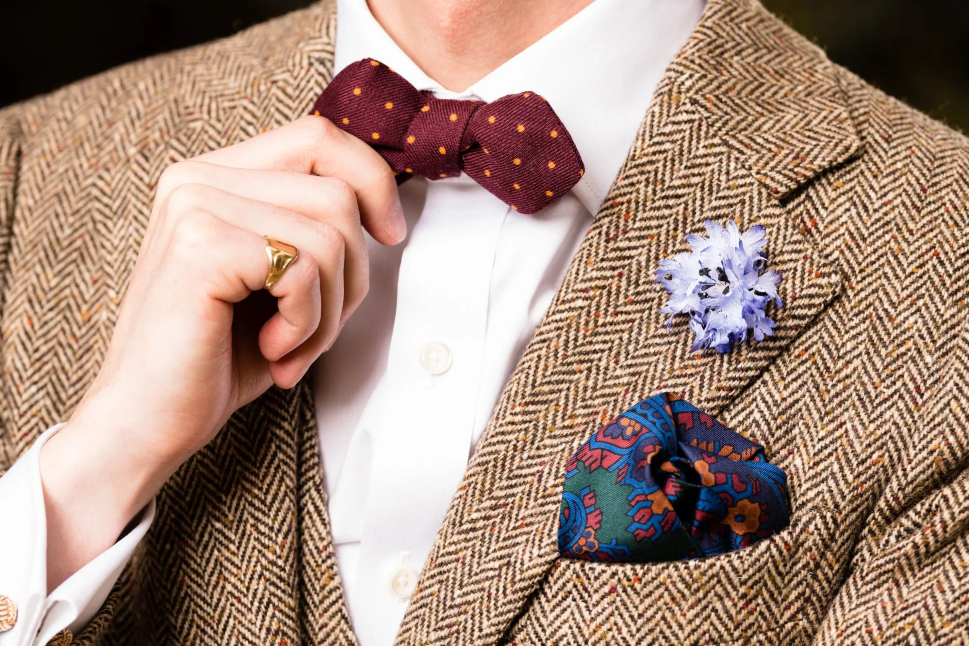 Burgundy & Yellow Polka Dot Wool Challis Bow Tie
