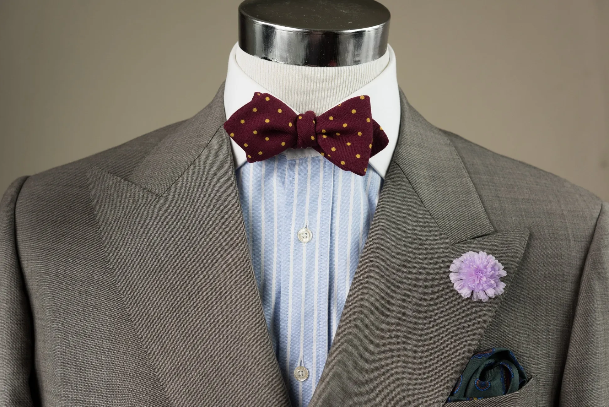 Burgundy & Yellow Polka Dot Wool Challis Bow Tie