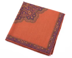 Burnt Orange Paisley Motif Silk Wool Pocket Square