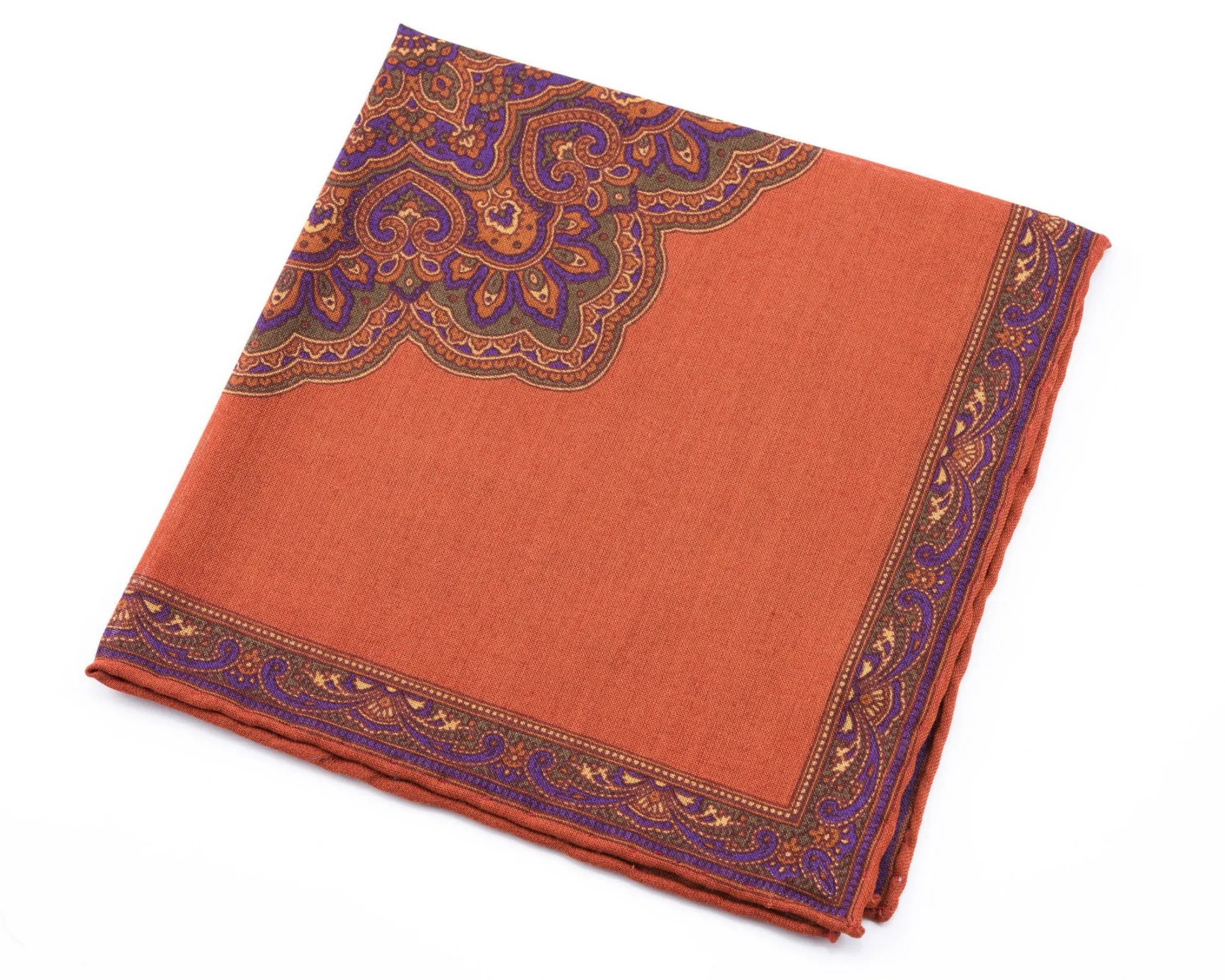 Burnt Orange Paisley Motif Silk Wool Pocket Square