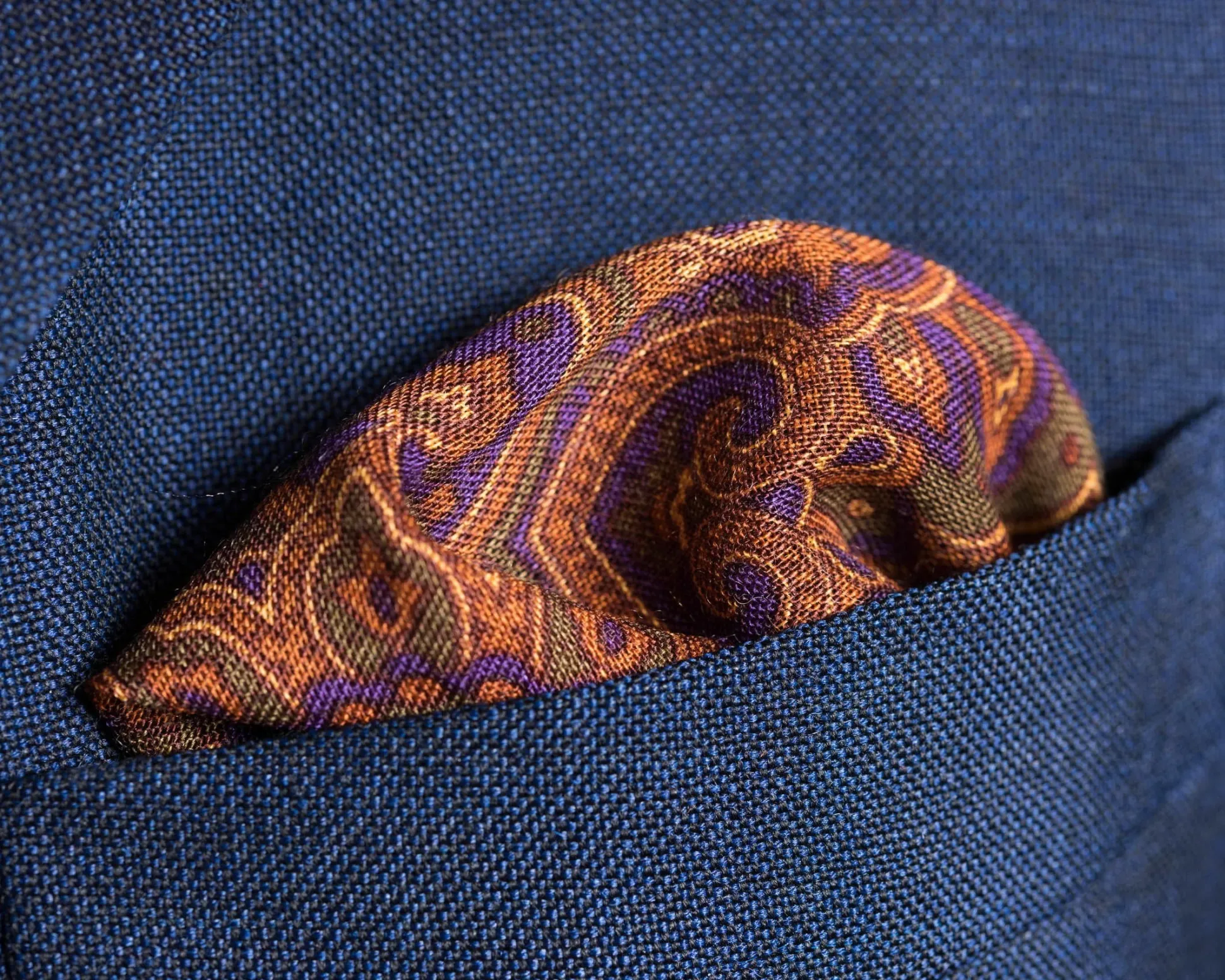 Burnt Orange Paisley Motif Silk Wool Pocket Square