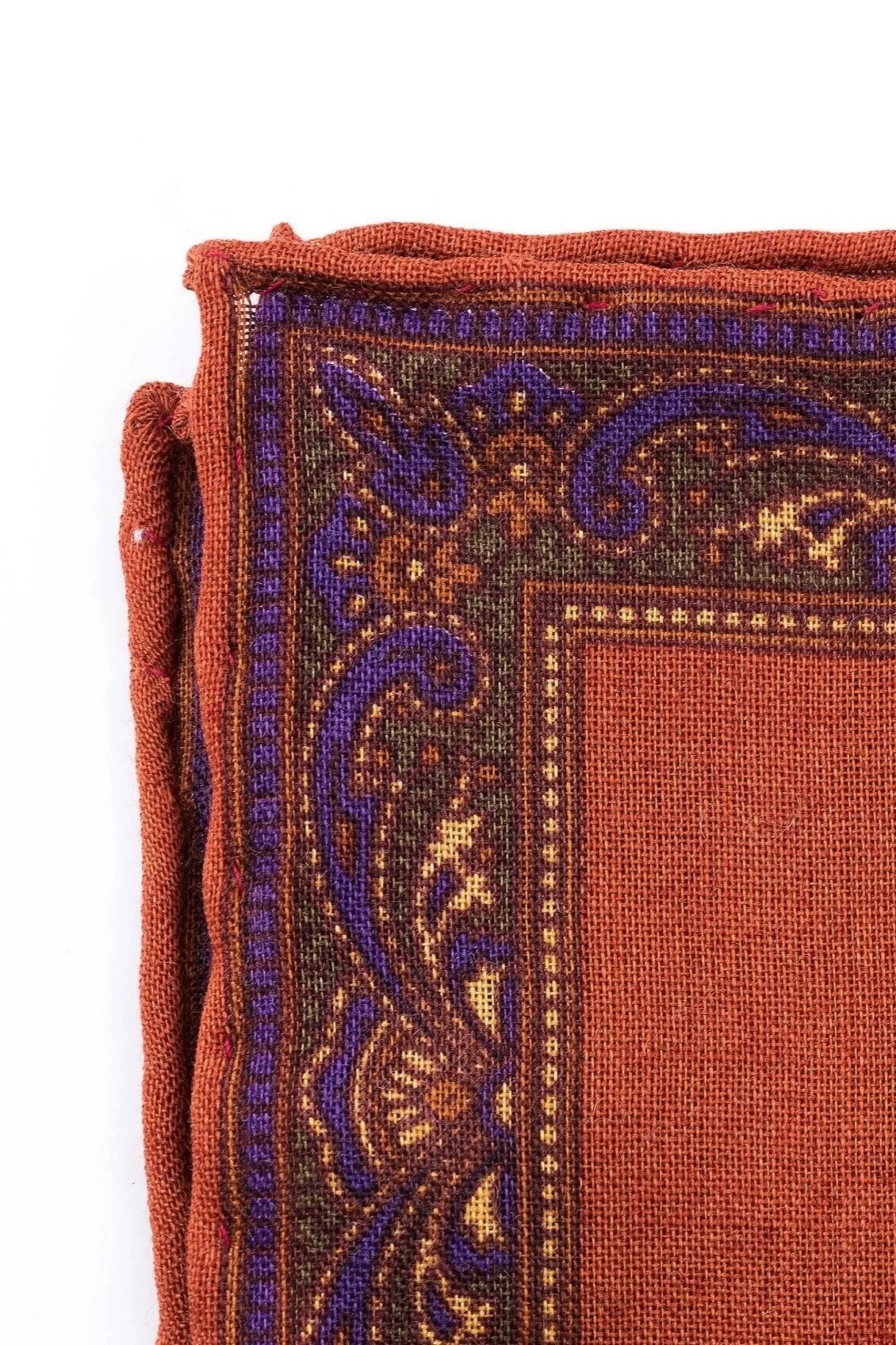 Burnt Orange Paisley Motif Silk Wool Pocket Square