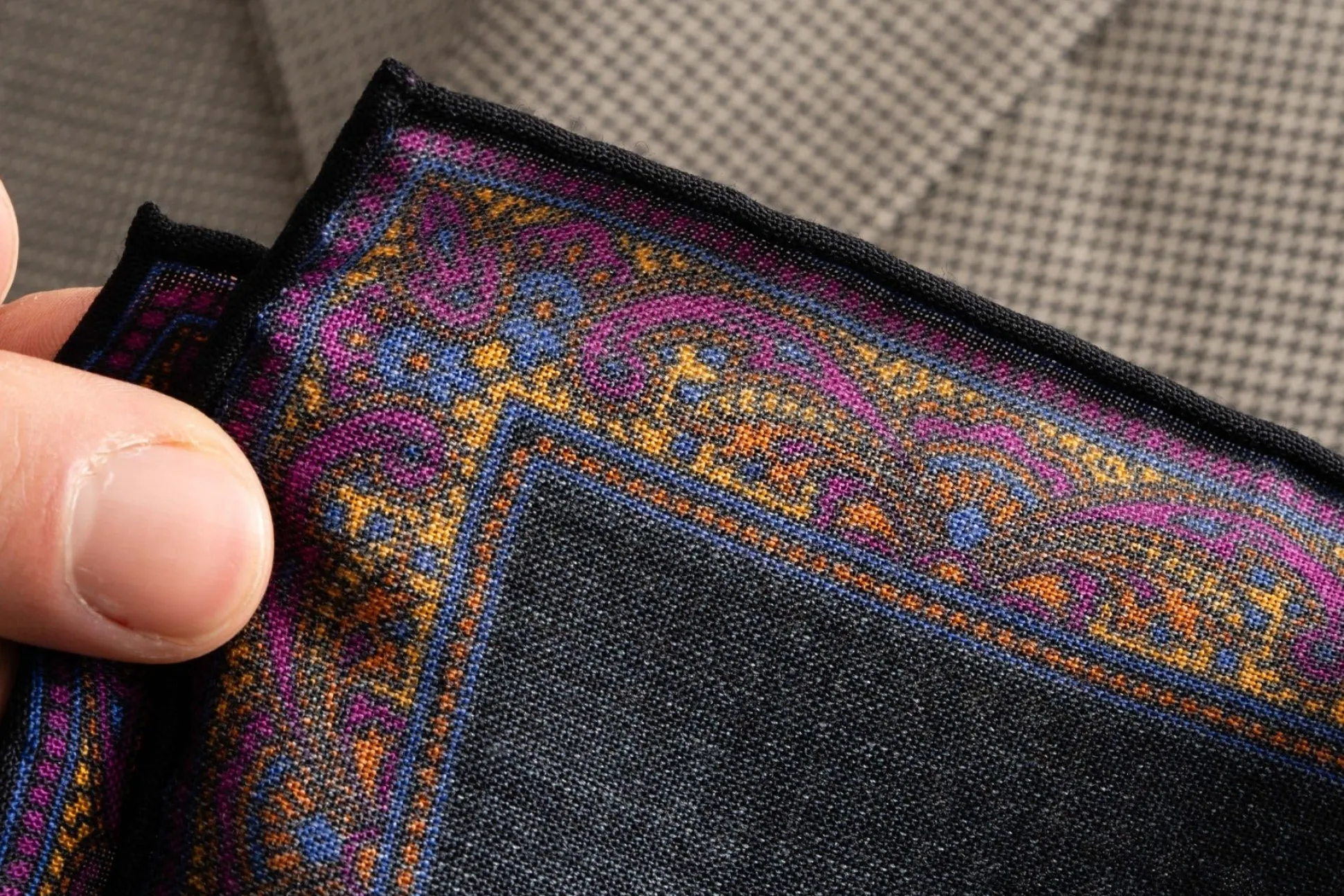 Charcoal & Yellow Paisley Silk-Wool Pocket Square