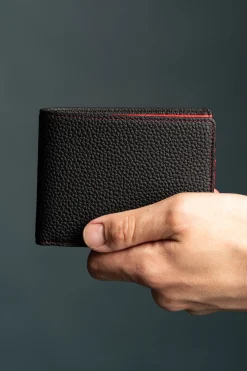 Classic 10 Card Bifold Black & Red Grained Leather Wallet