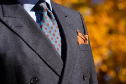 Dark Blue X-Stitch Edge Rust Orange Linen Pocket Square