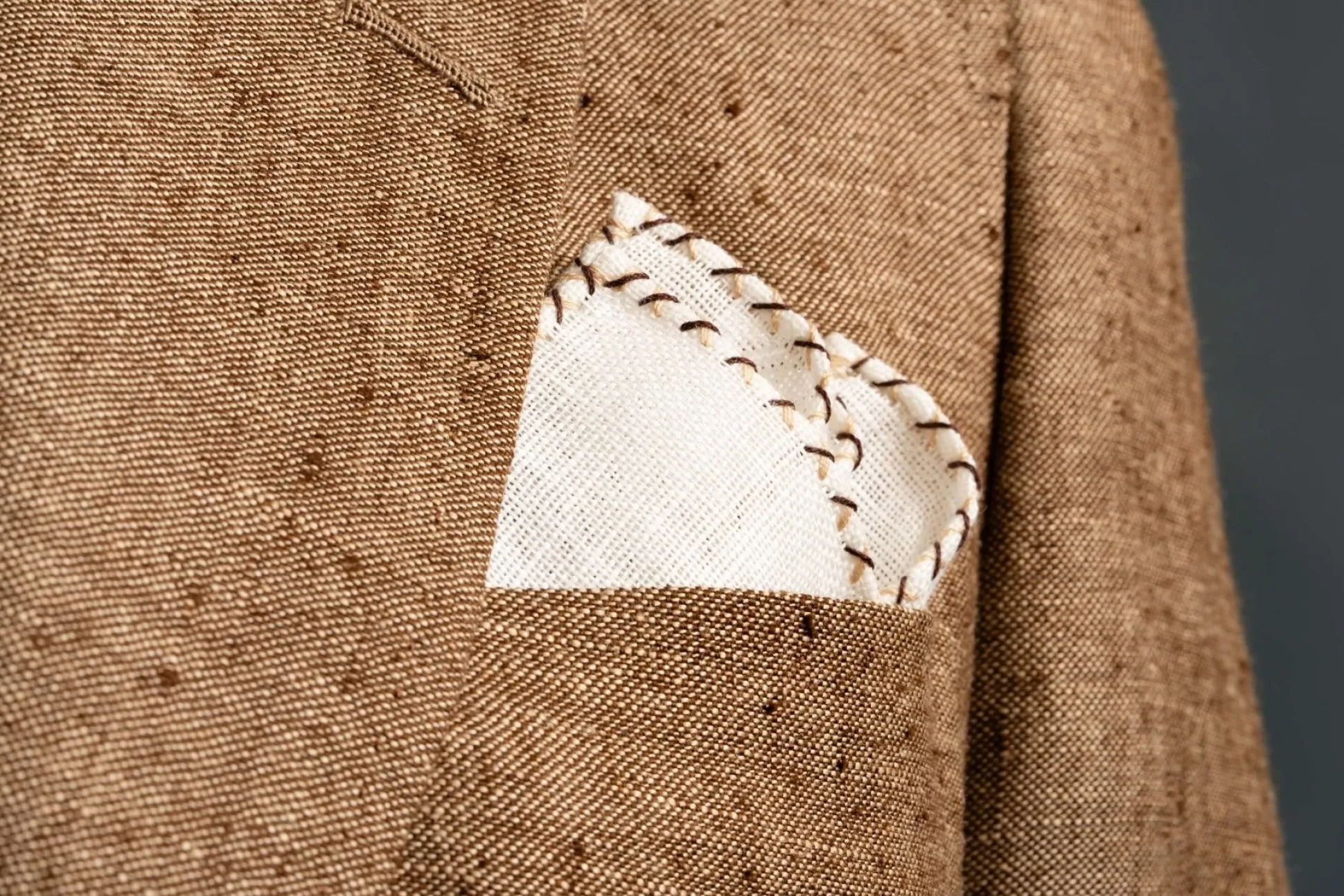 Dark Brown & Beige X-Stitch Cream Linen Pocket Square