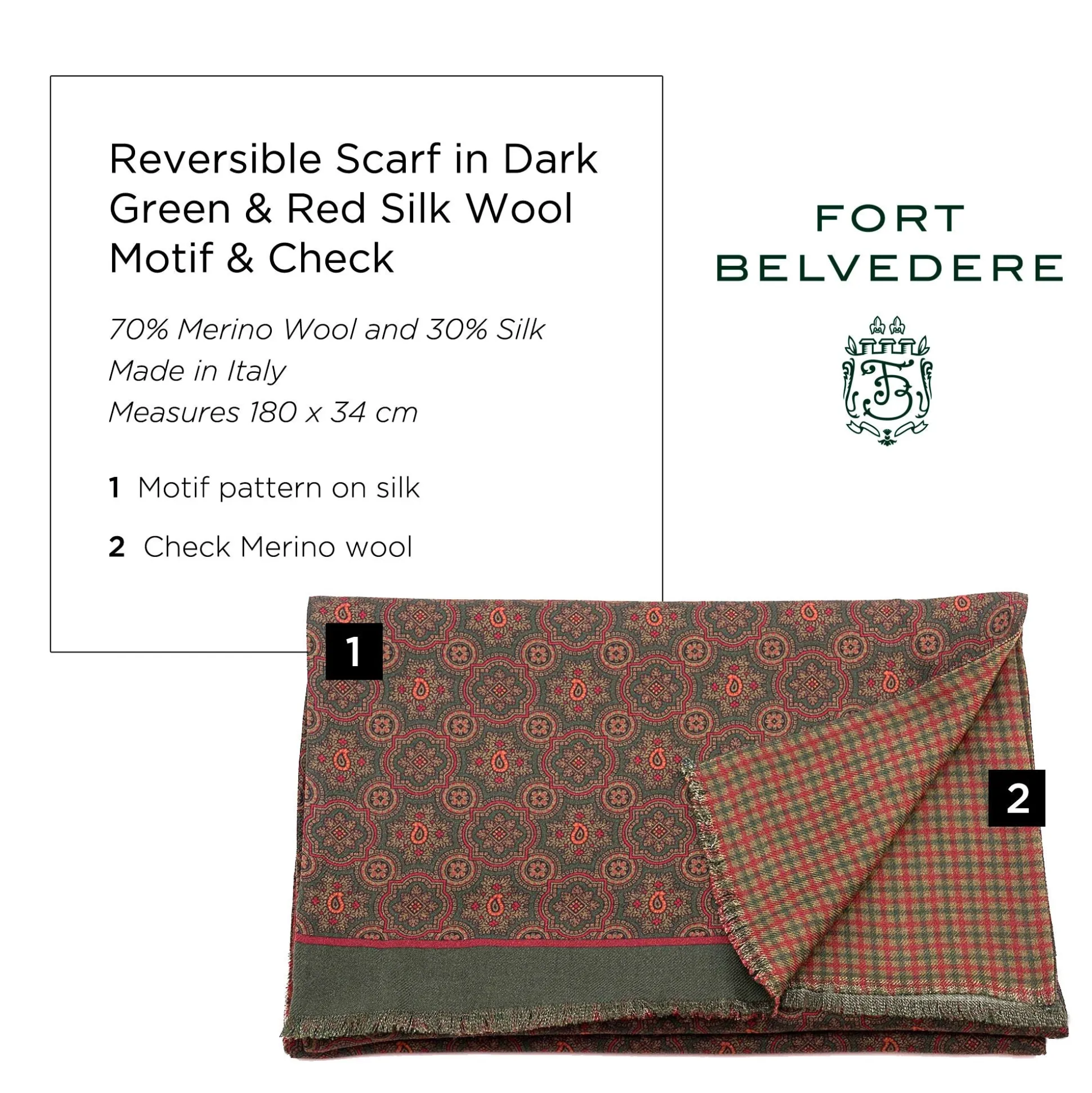 Dark Green Motif & Check Reversible Scarf