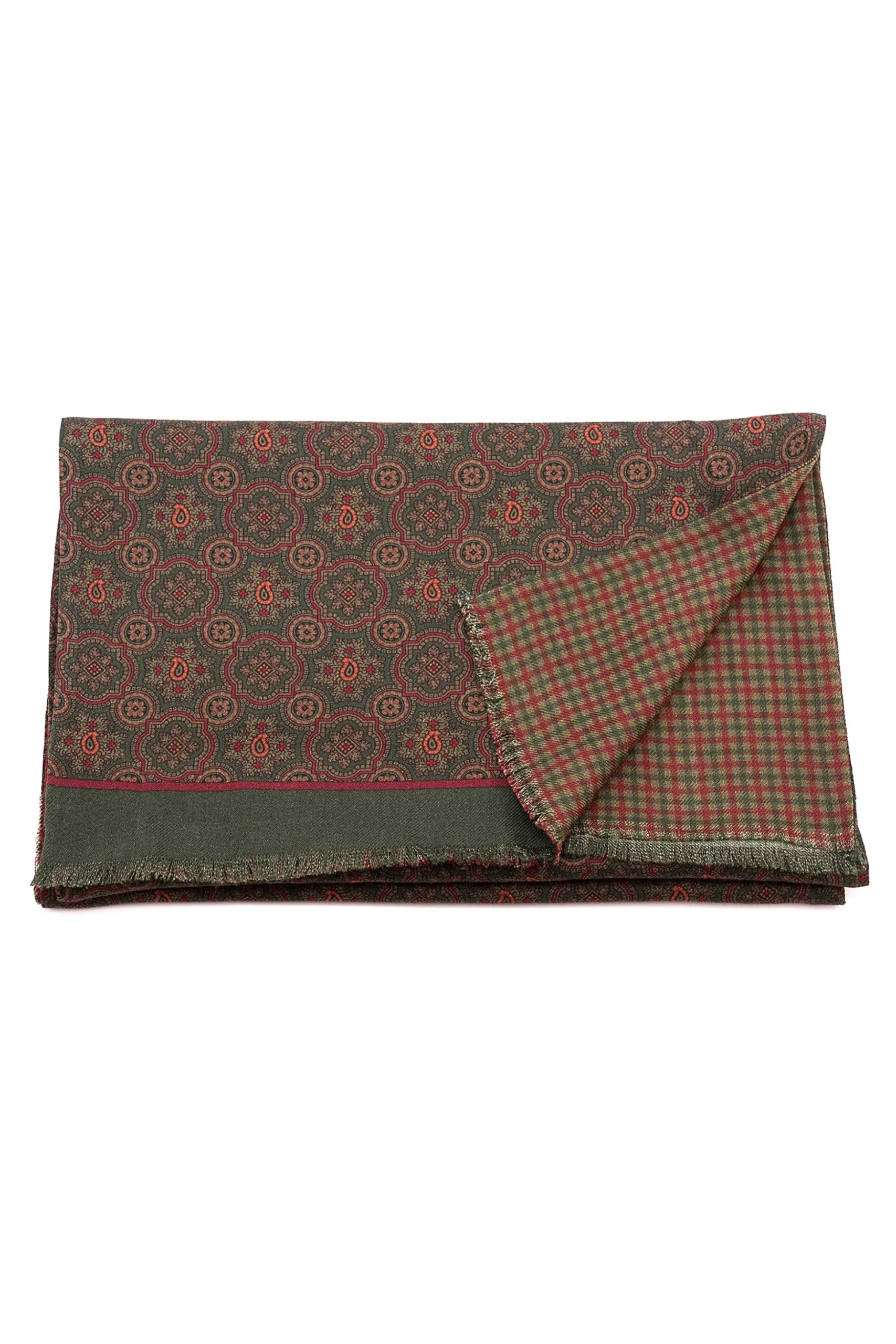 Dark Green Motif & Check Reversible Scarf