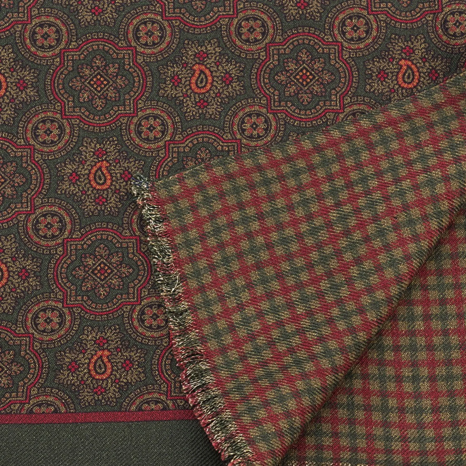 Dark Green Motif & Check Reversible Scarf