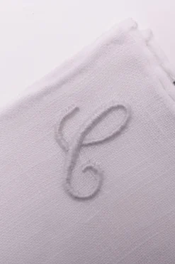 Hand-Embroidered Initial "C" White Linen Pocket Square