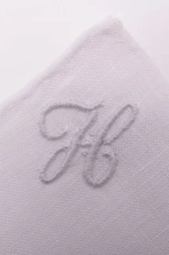 Hand-Embroidered Initial "H" White Linen Pocket Square
