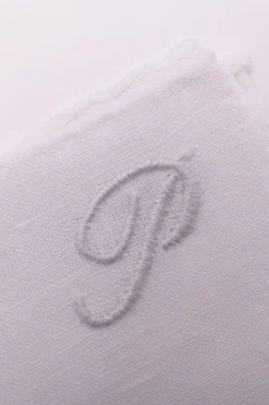 Hand-Embroidered Initial "P" White Linen Pocket Square