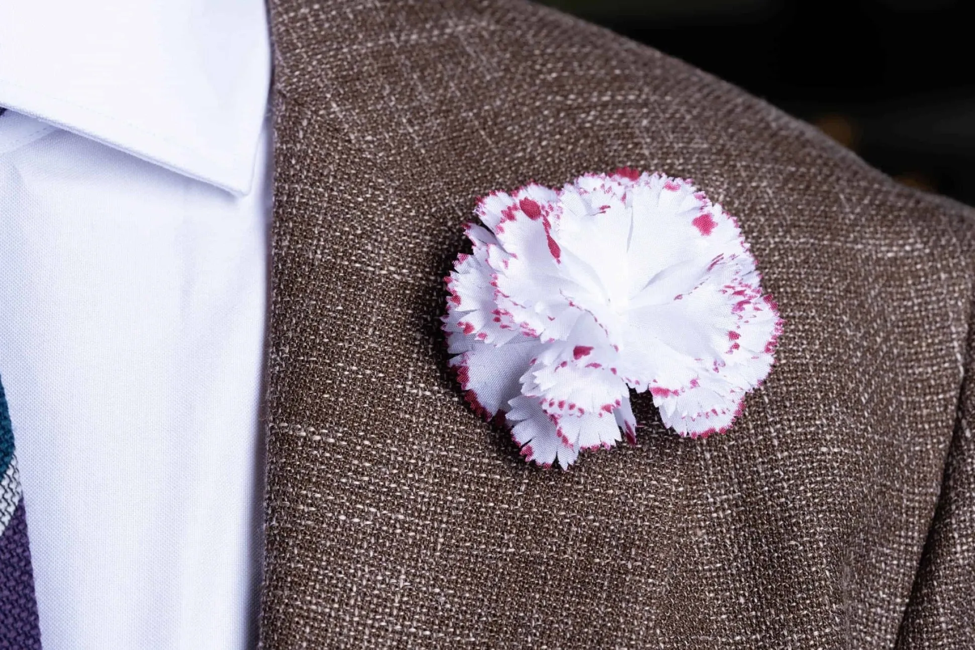 Life-Sized Magenta-Edged White Carnation Boutonnière
