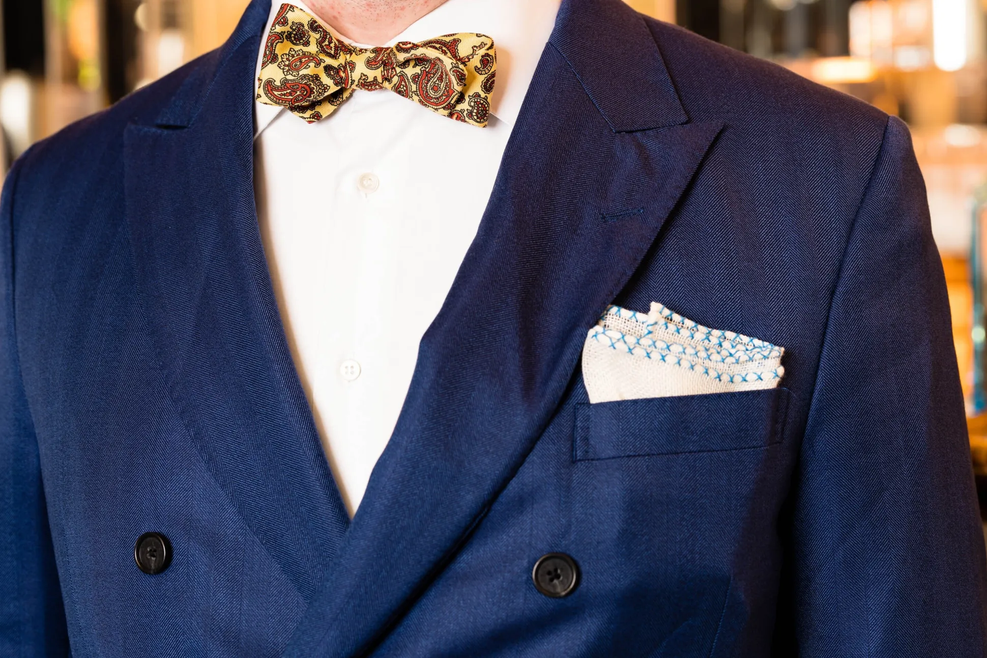 Light Blue X-Stitch Edge White Linen Pocket Square