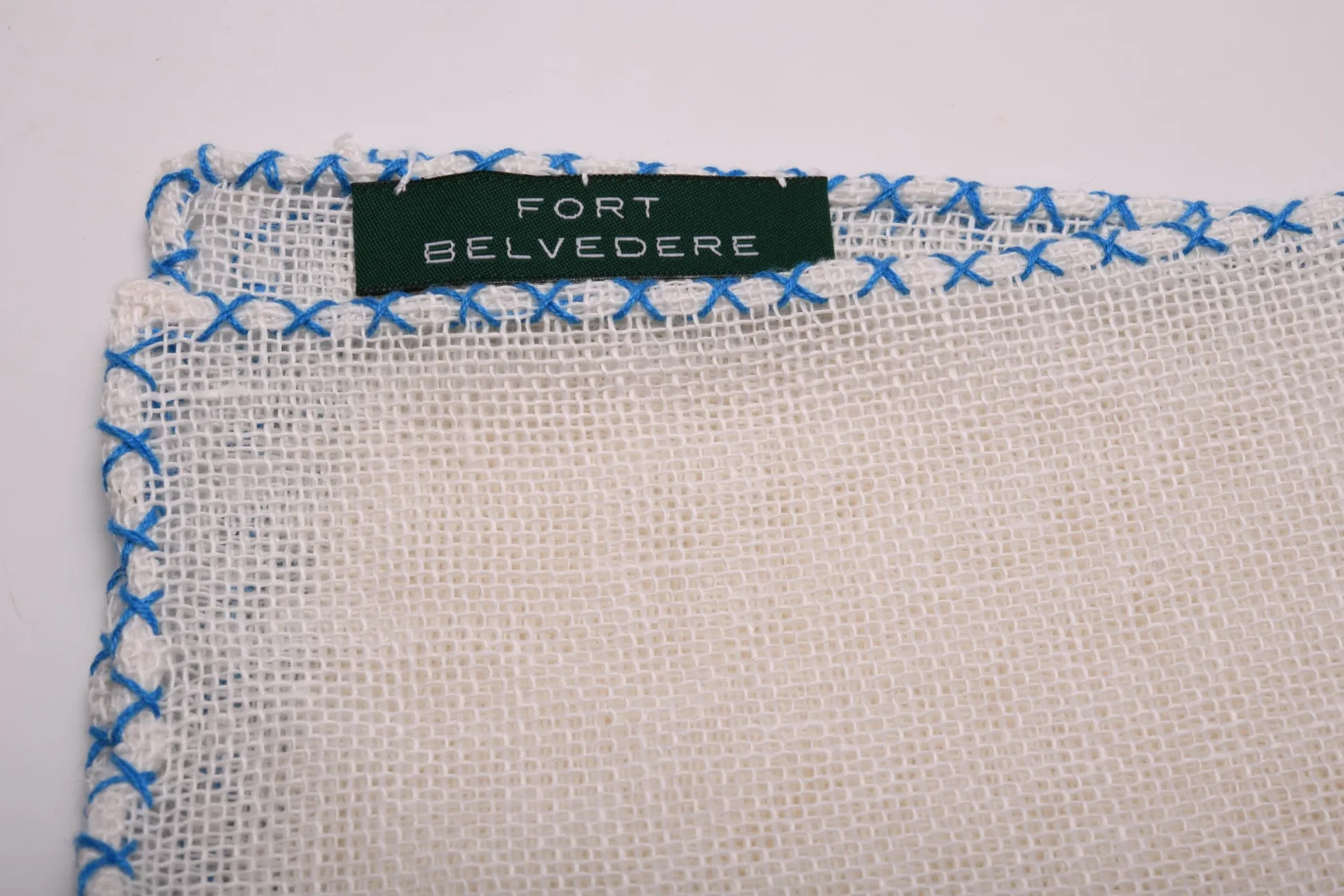 Light Blue X-Stitch Edge White Linen Pocket Square