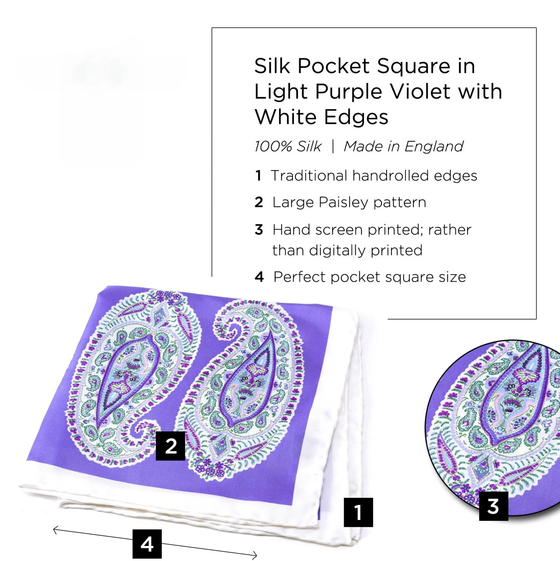 Light Purple & White Large Paisley Silk Pocket Square