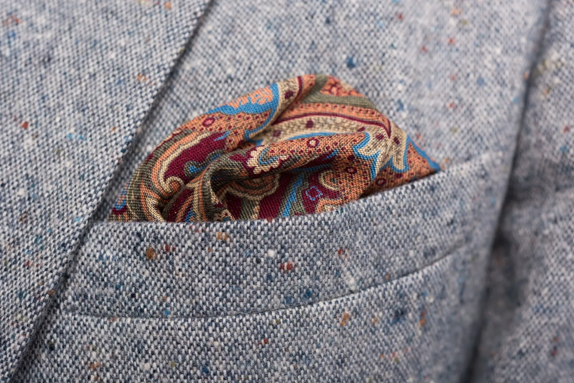 Mohair Blue Medallion Silk Wool Pocket Square