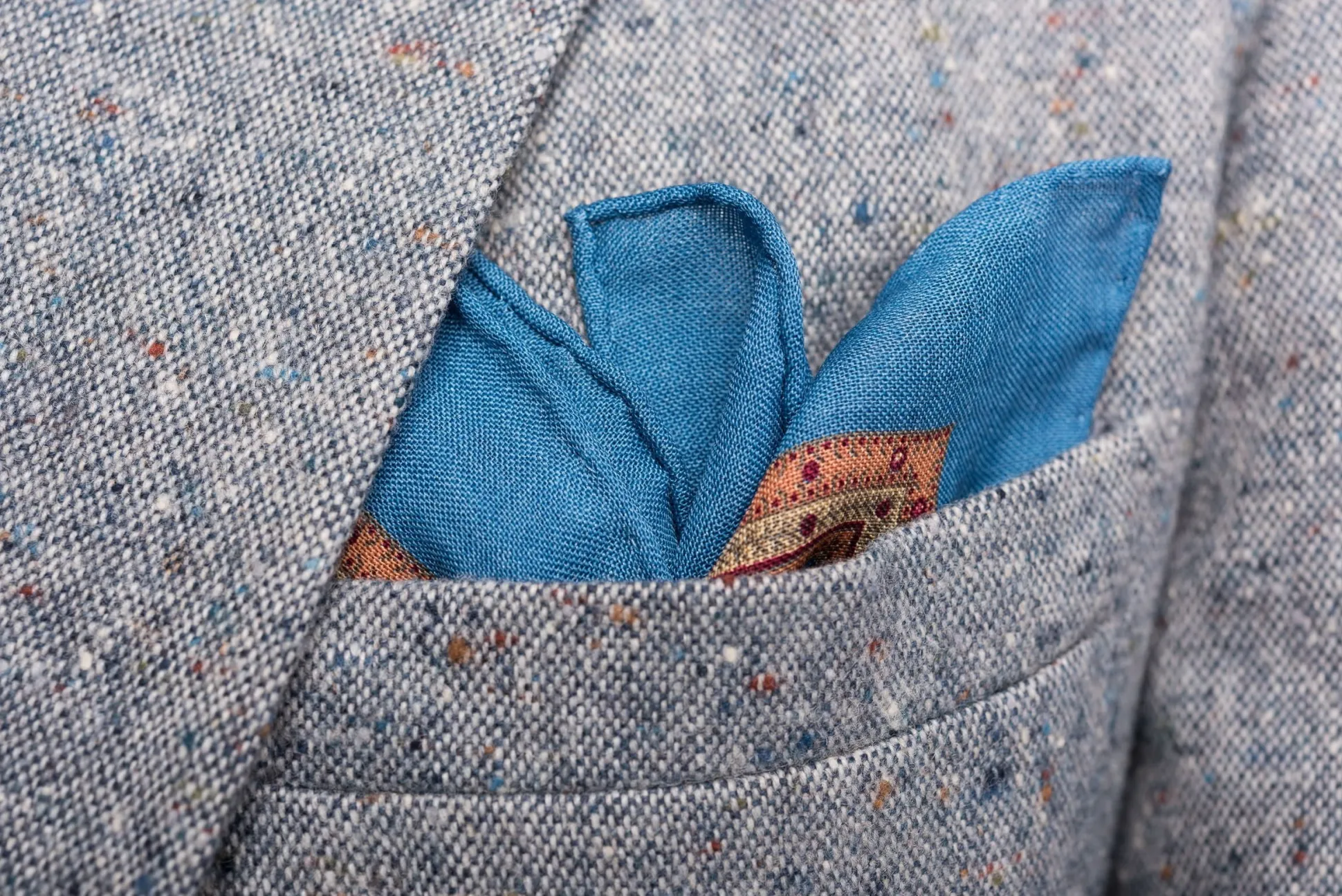 Mohair Blue Medallion Silk Wool Pocket Square