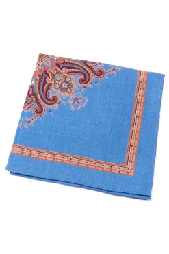 Mohair Blue Medallion Silk Wool Pocket Square