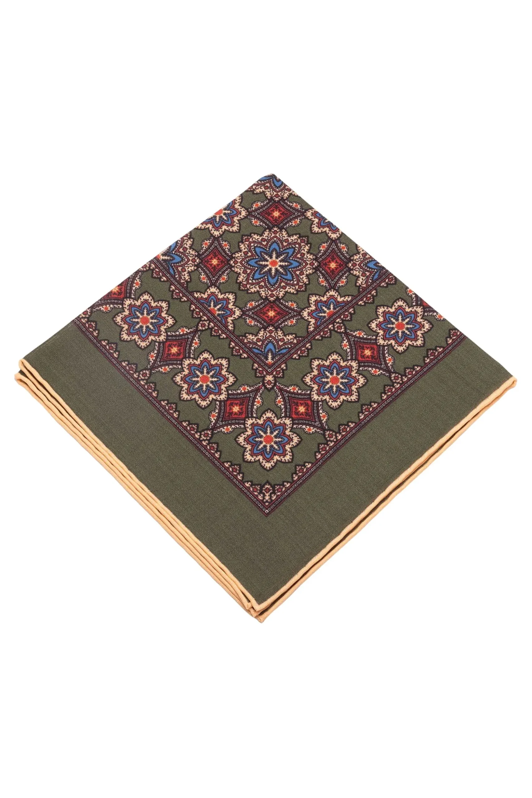 Moss Green Geometric Medallion Silk Wool Pocket Square