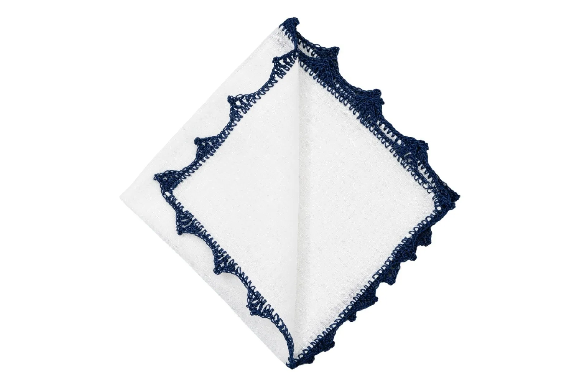 Navy Blue Crochet Edge White Linen Pocket Square