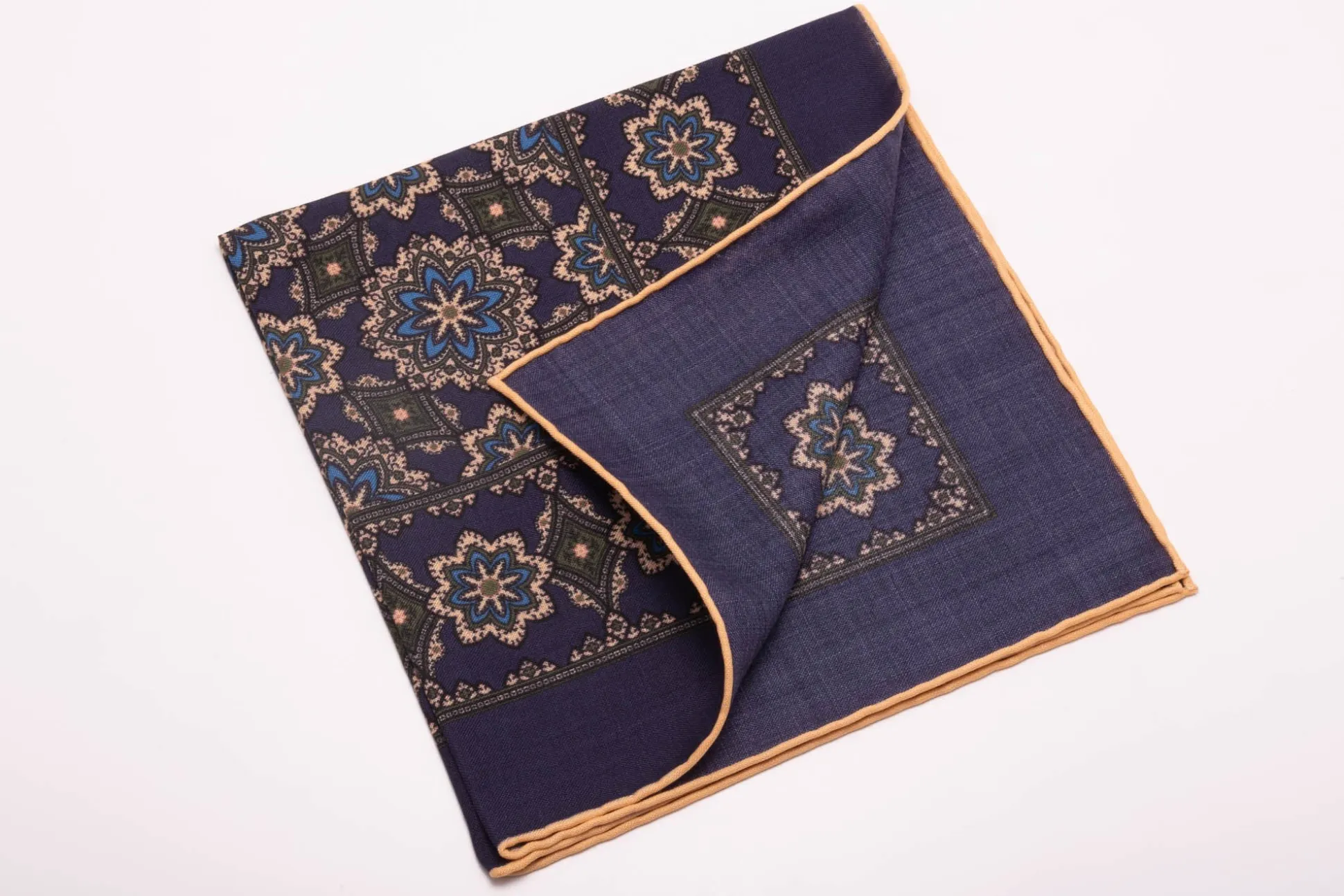 Navy Blue Geometric Medallion Silk Wool Pocket Square