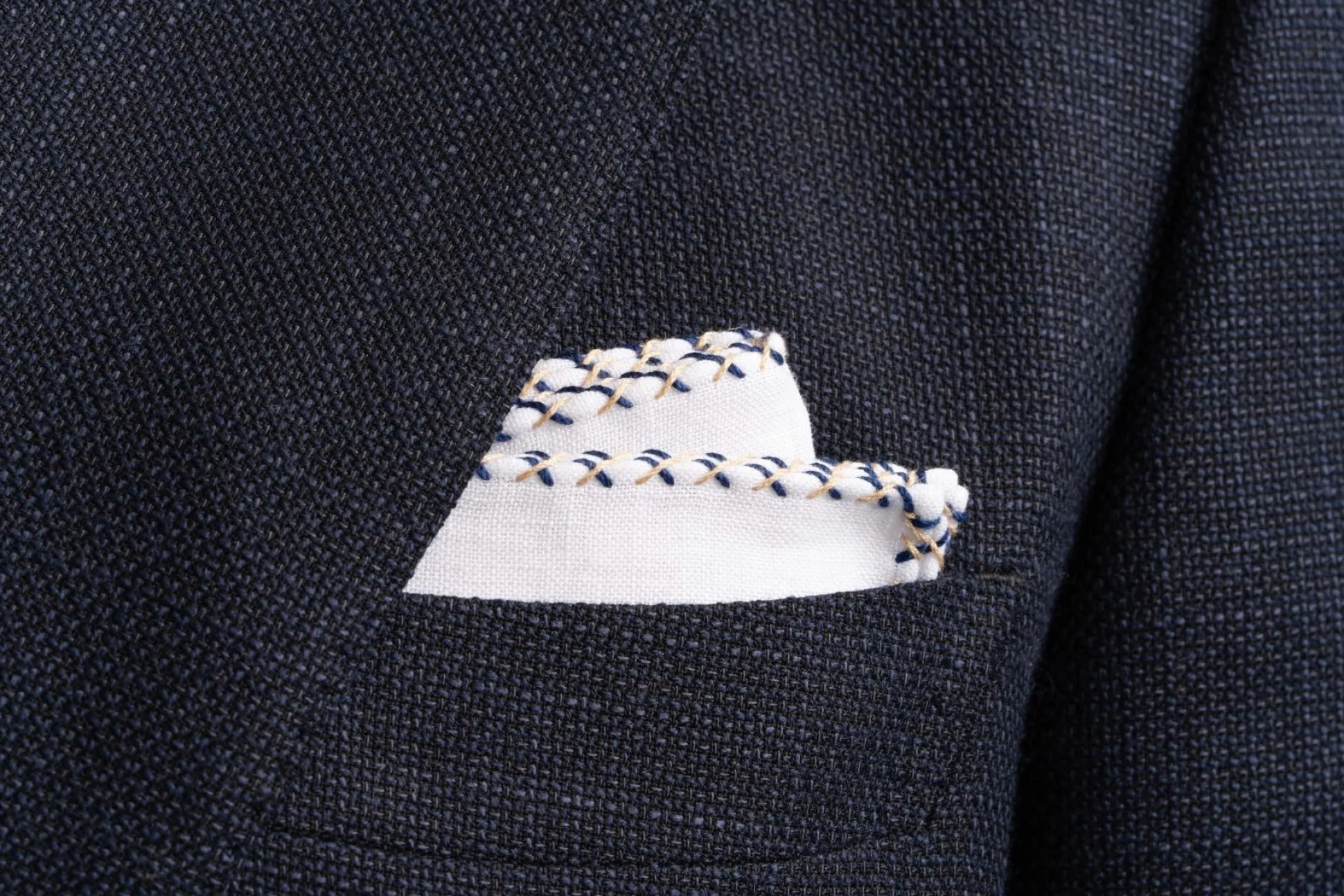 Navy Blue & Khaki X-Stitch Edge White Linen Pocket Square