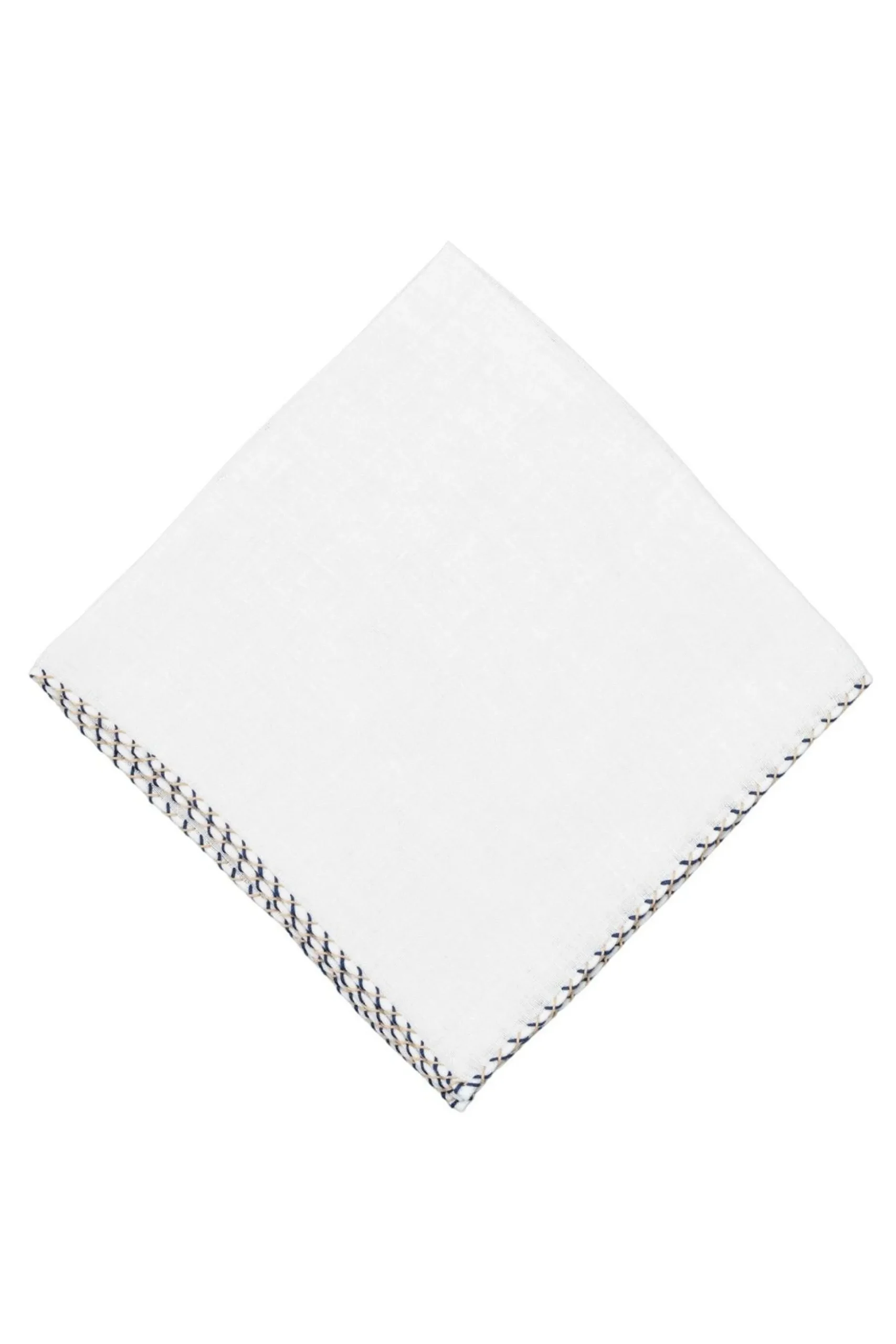 Navy Blue & Khaki X-Stitch Edge White Linen Pocket Square