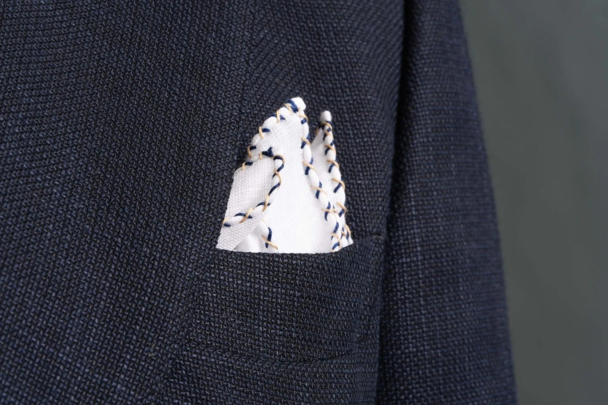 Navy Blue & Khaki X-Stitch Edge White Linen Pocket Square