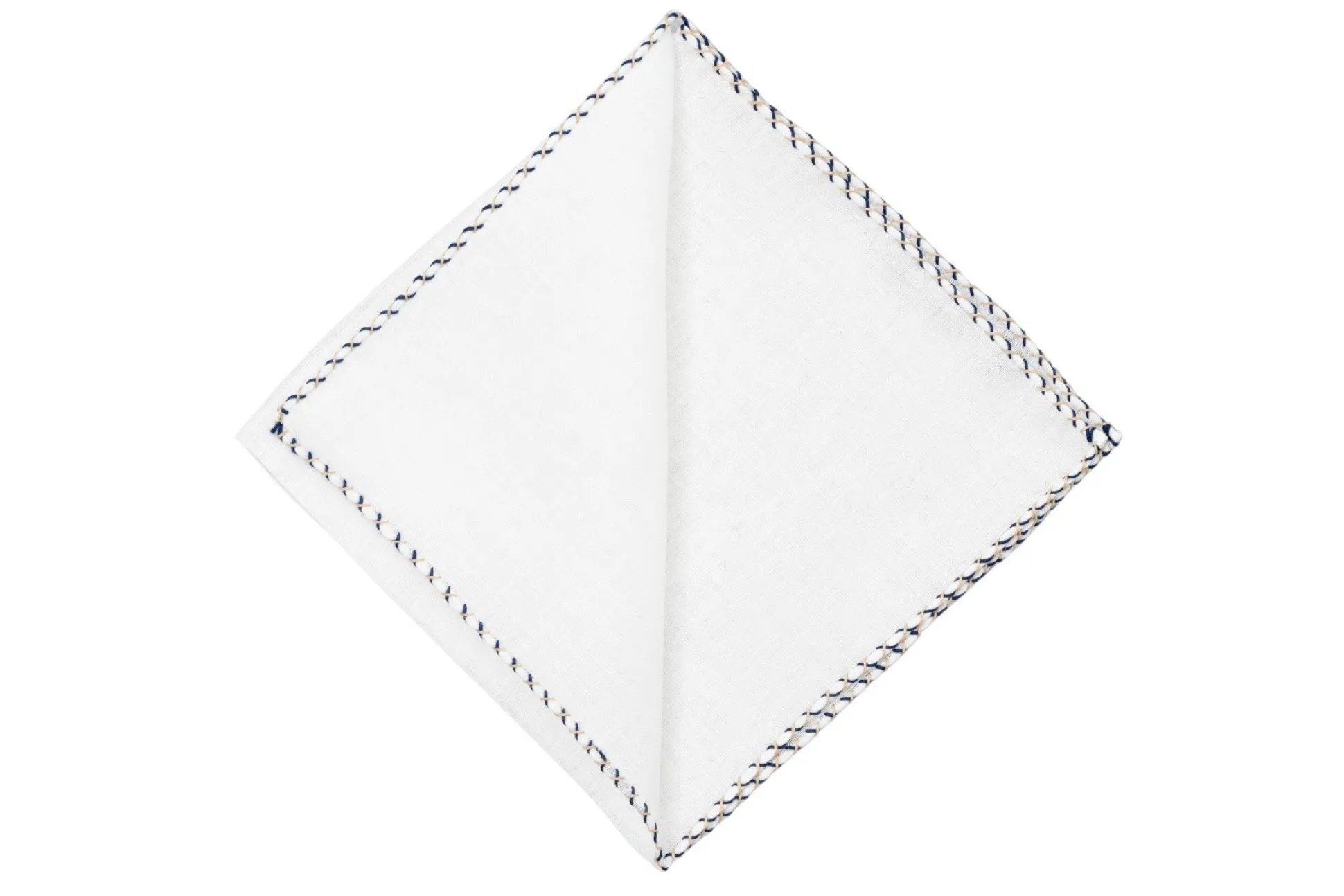 Navy Blue & Khaki X-Stitch Edge White Linen Pocket Square