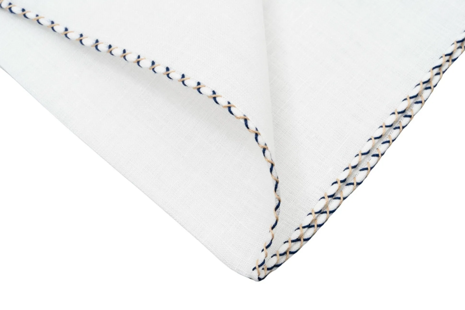 Navy Blue & Khaki X-Stitch Edge White Linen Pocket Square