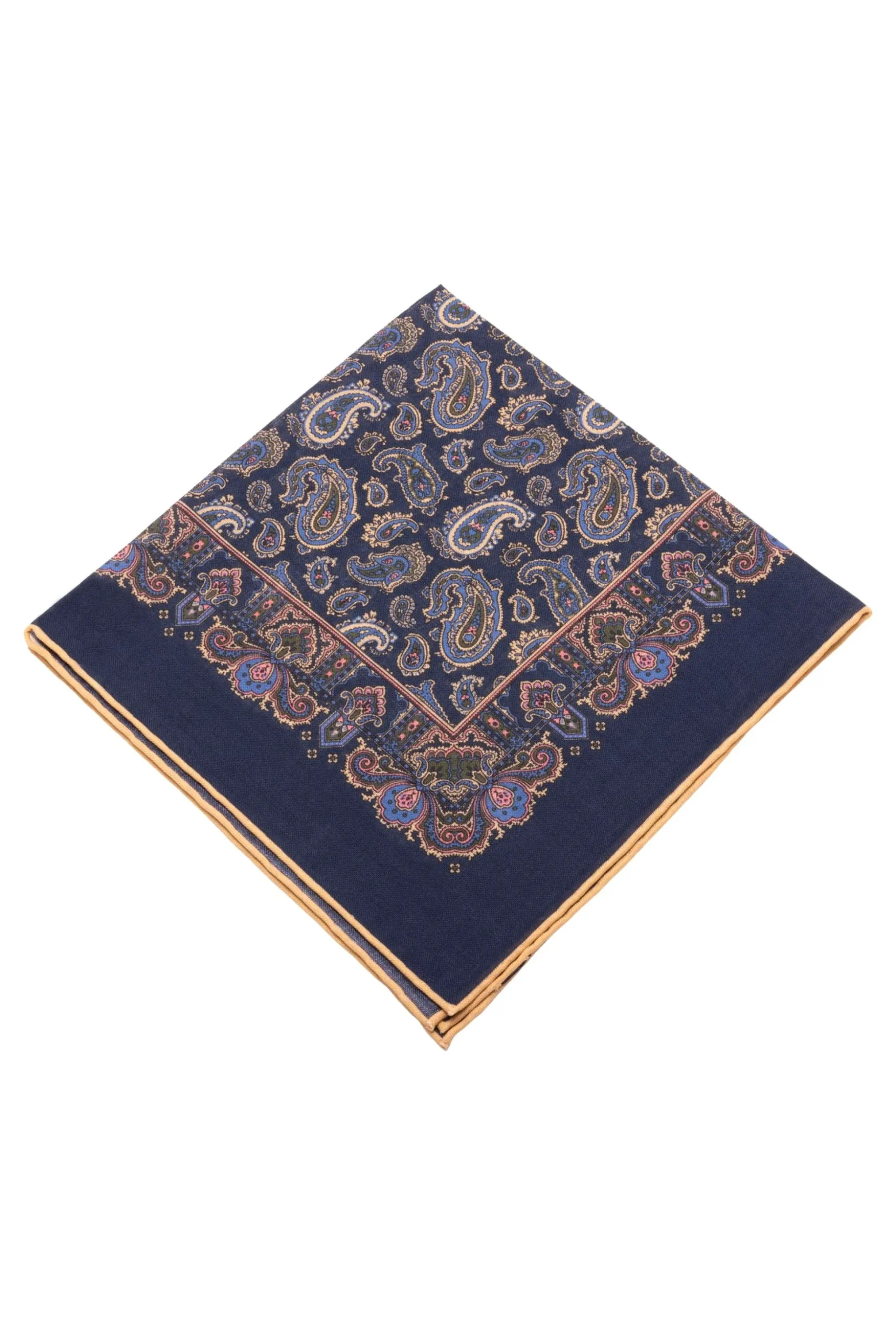 Navy Blue Paisley Silk Wool Pocket Square