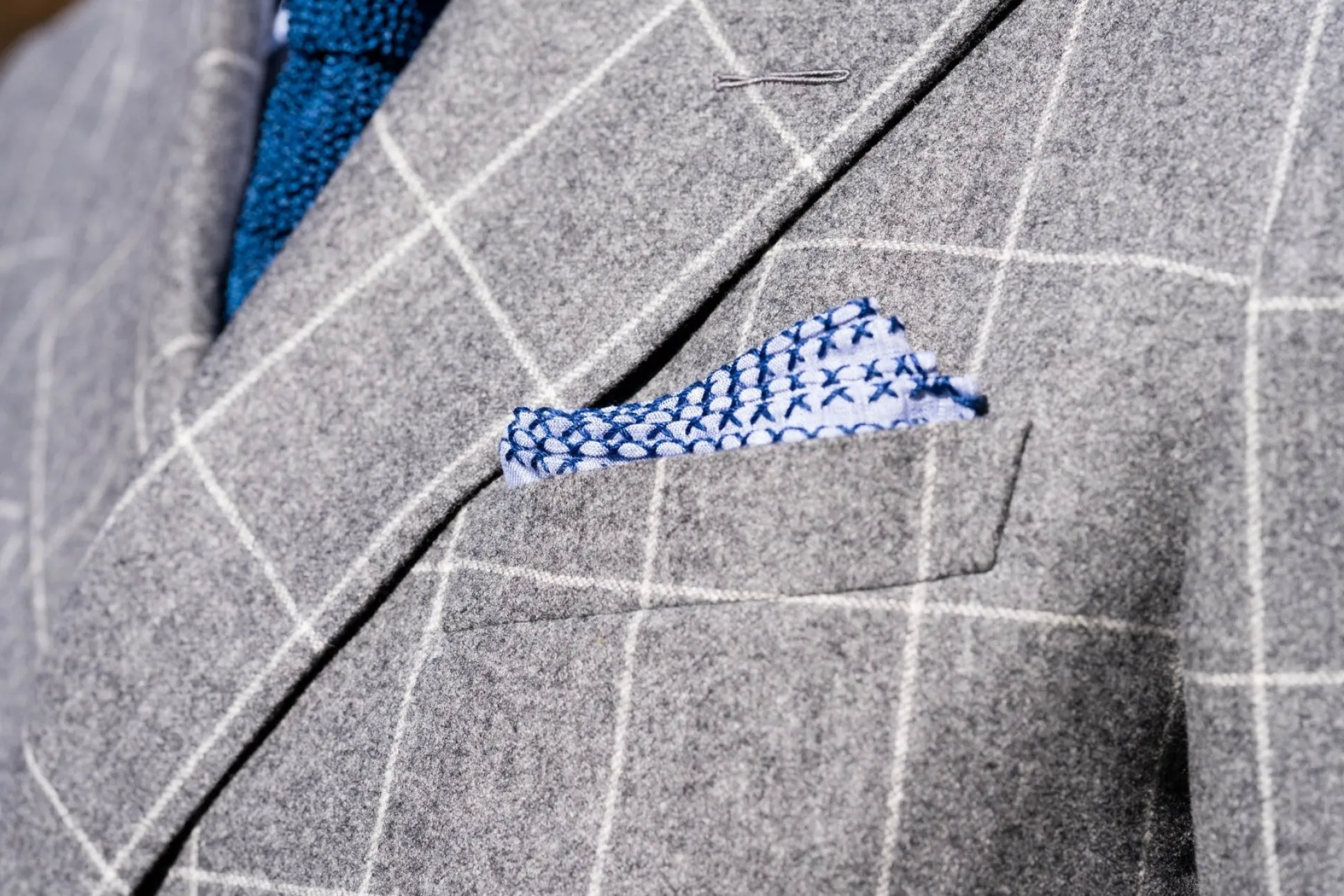 Navy Blue X-Stitch Edge Pale Blue Linen Pocket Square