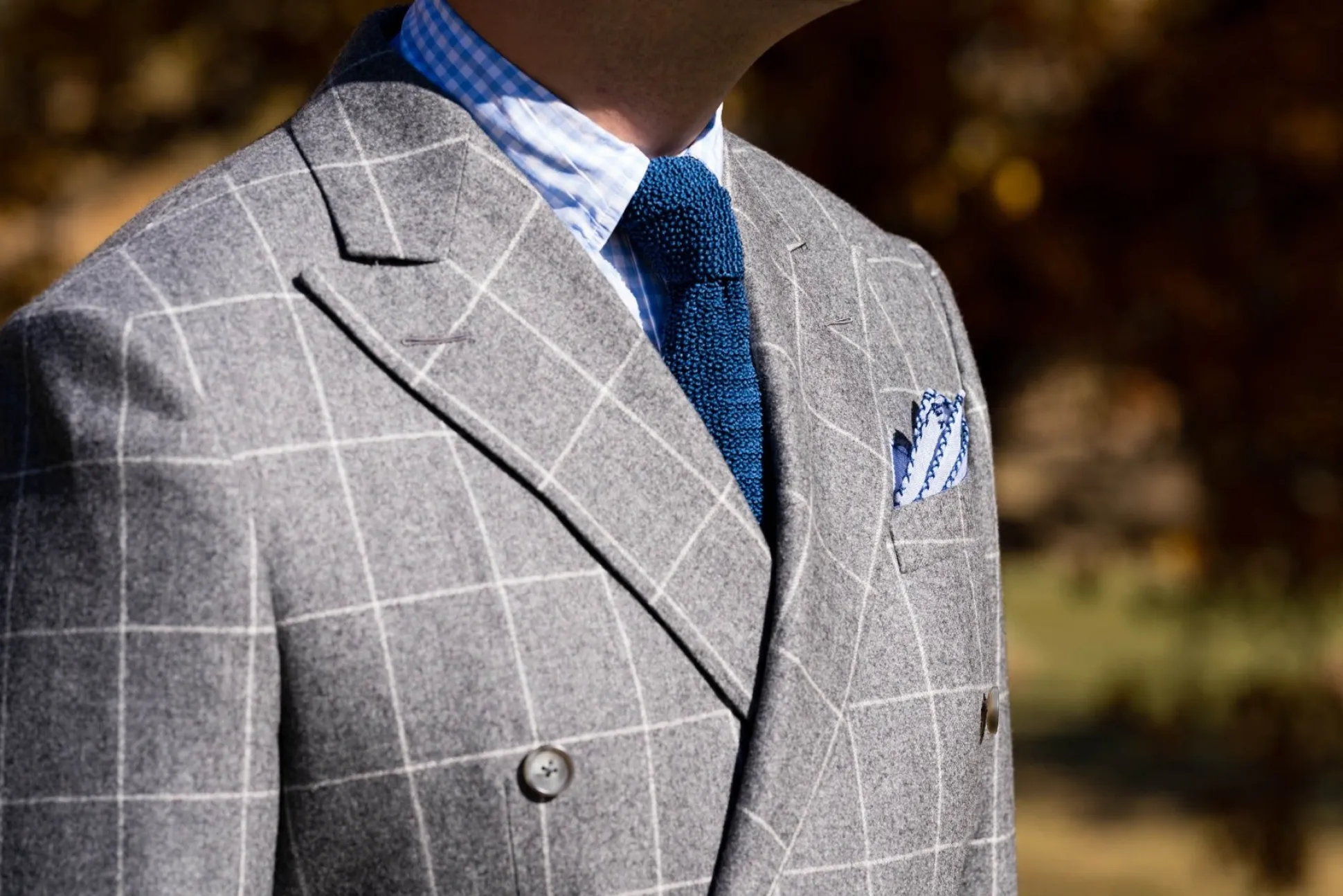 Navy Blue X-Stitch Edge Pale Blue Linen Pocket Square