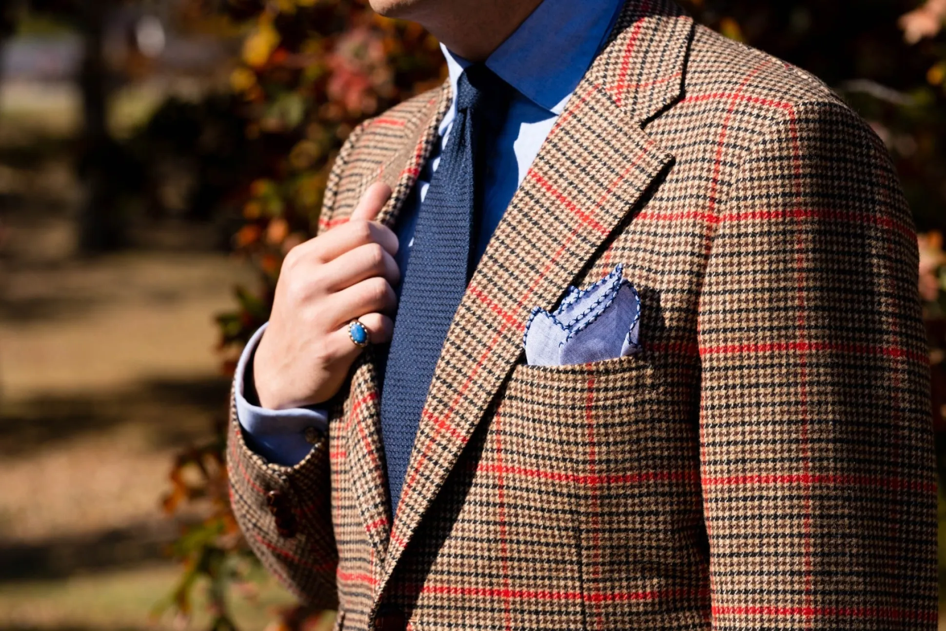 Navy Blue X-Stitch Edge Pale Blue Linen Pocket Square