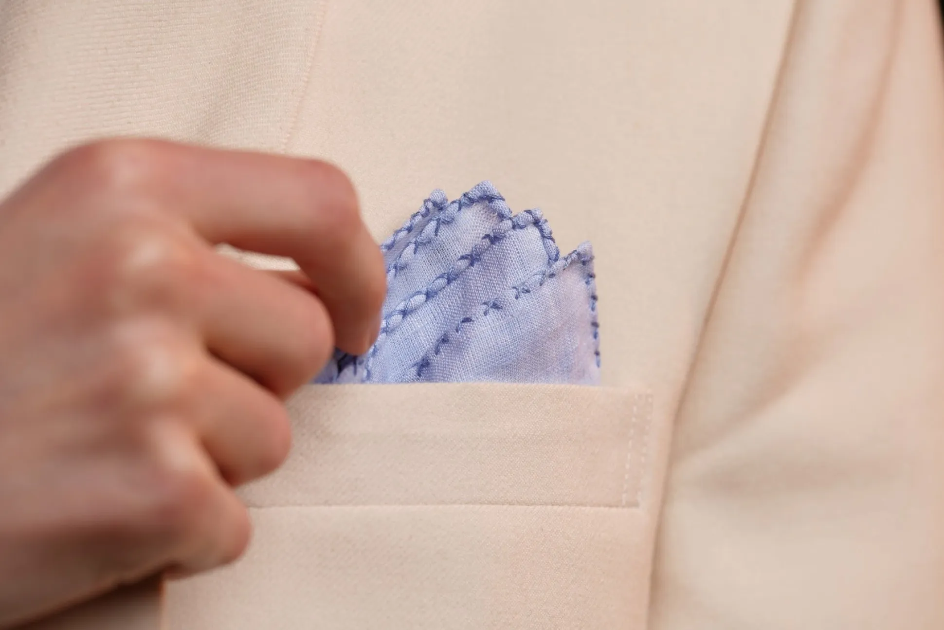 Navy Blue X-Stitch Edge Pale Blue Linen Pocket Square