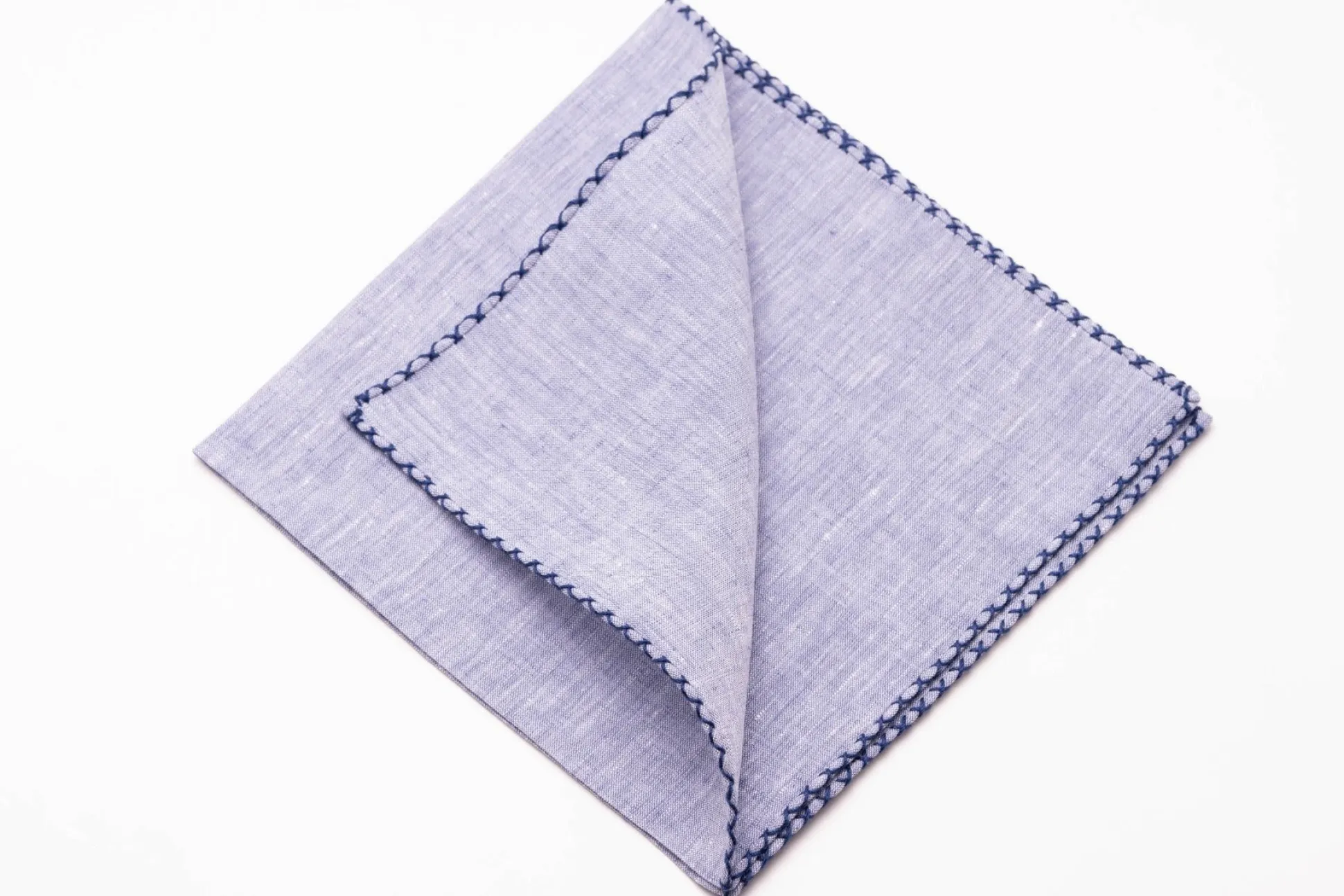 Navy Blue X-Stitch Edge Pale Blue Linen Pocket Square