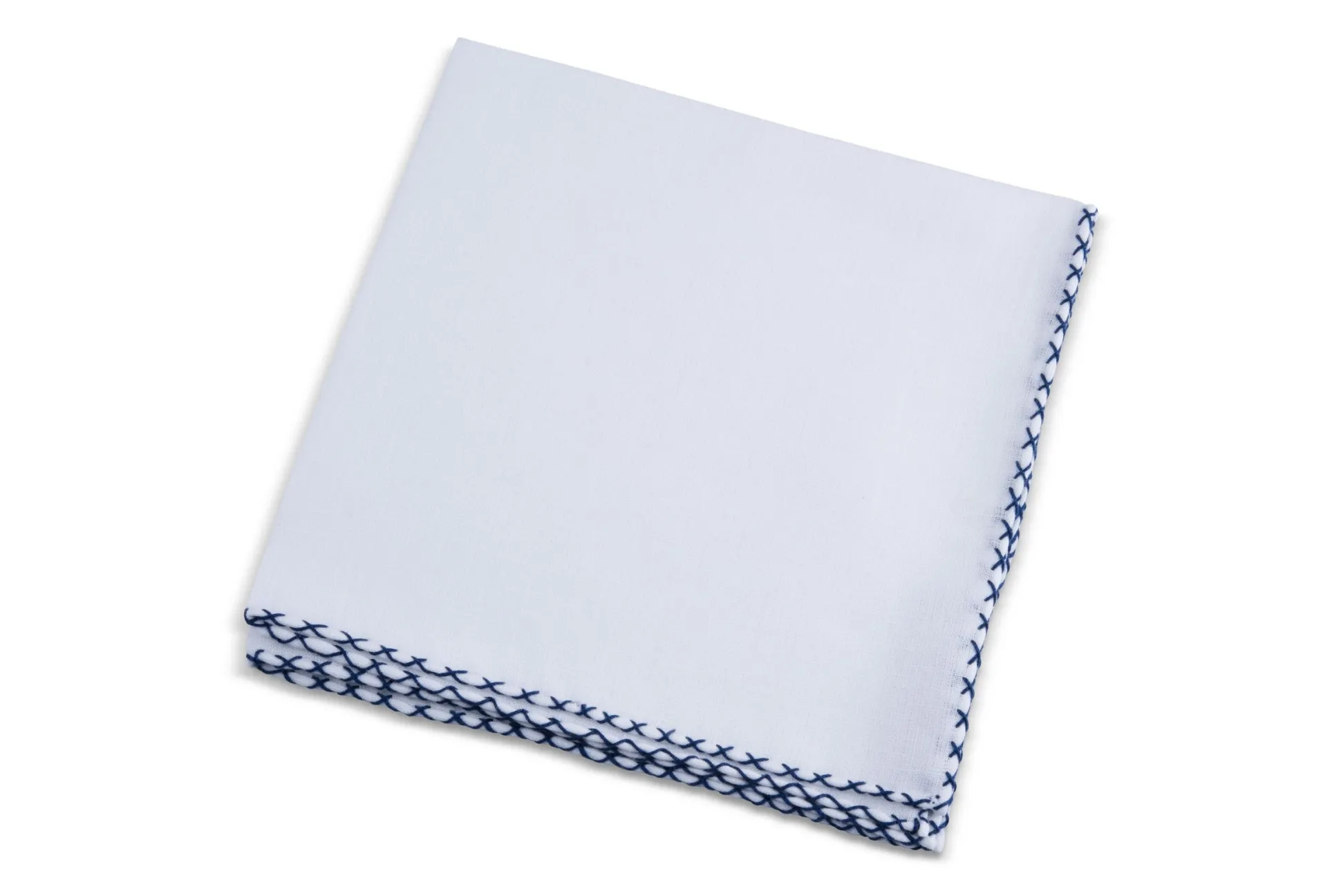 Navy Blue X-Stitch Edge White Linen Pocket Square